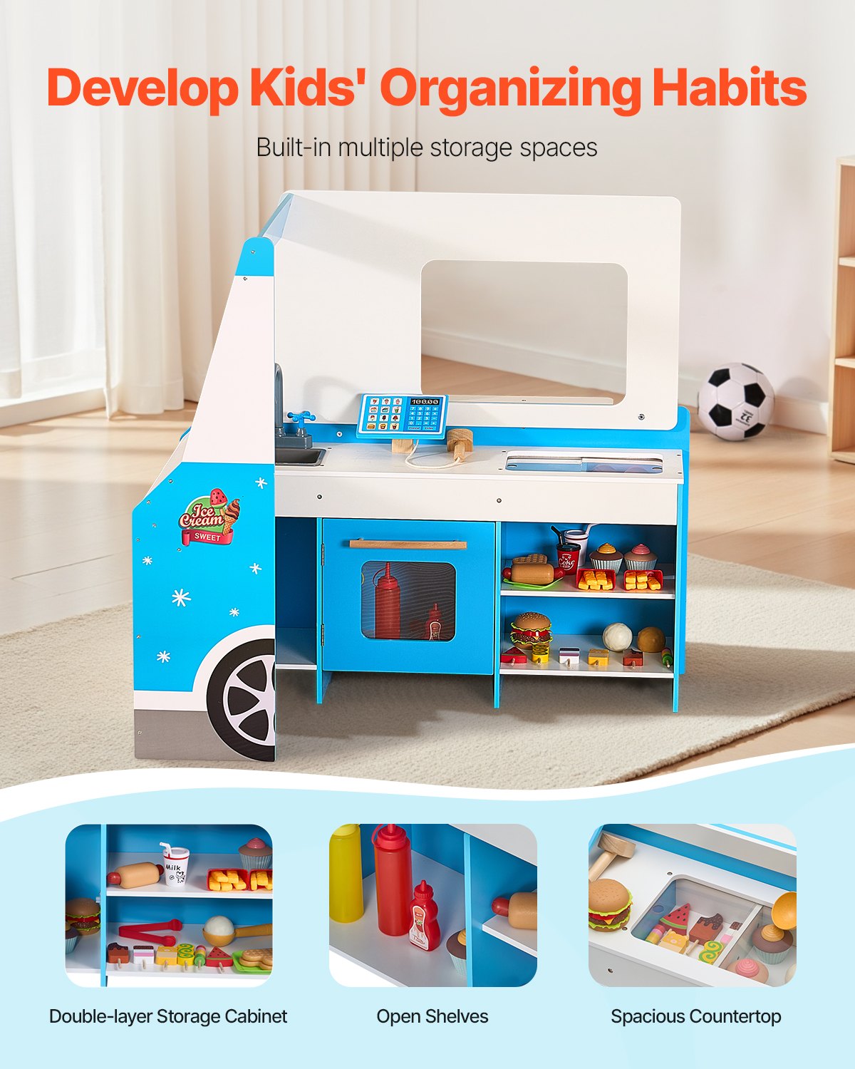 VEVOR ijscowagen voor kinderen, meer dan 20 accessoires, houten ijssalon met stuurwiel en krijtbord, betaalscanner en vriezer, kraan en wasbak, geschikt voor kinderen van 3-7 jaar, blauw