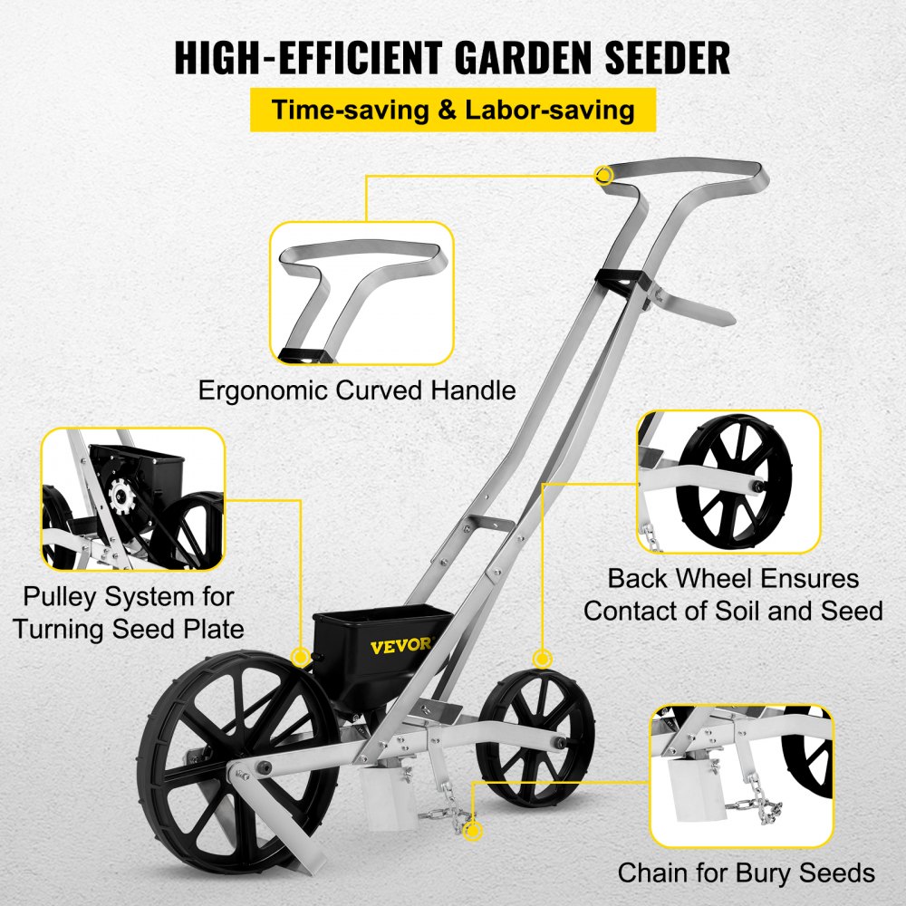 VEVOR Tuin Push Zaaimachine 78-84cm Hoge Tuin Duw Zaaimachine Aluminium en ABS Rij Gewas Planter met Zes Verwisselbare Zaadplaten en Rijmarkering voor Het Zaaien van Verschillende Gewassen en Groenten