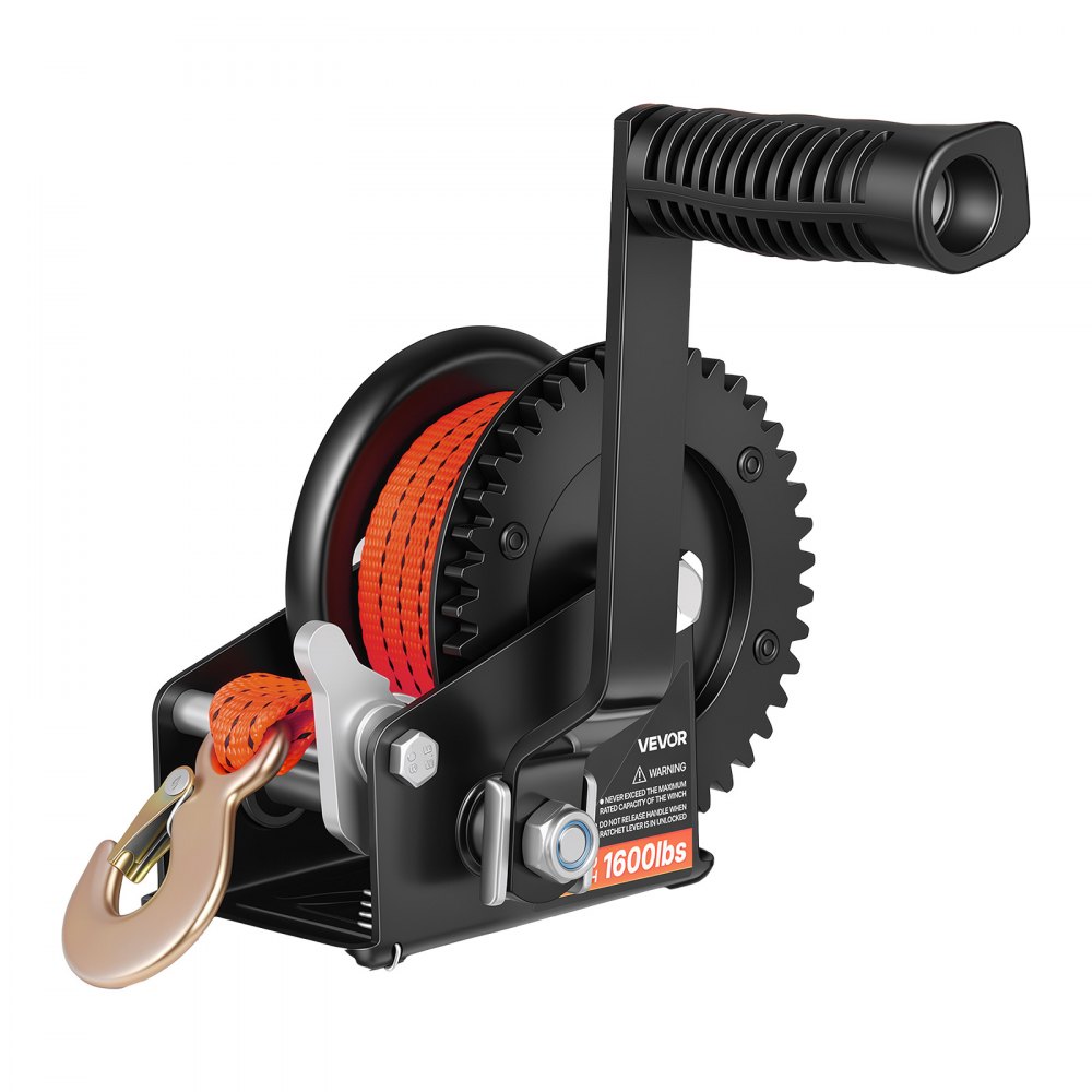 VEVOR Handlier 726 kg Handlier met 6,1 m polyester band, bootlier voor boten, trailers, vrachtwagens en aanhangers, handlier met tweewegratel, handslinger en lasthaak, 2 snelheidsniveaus