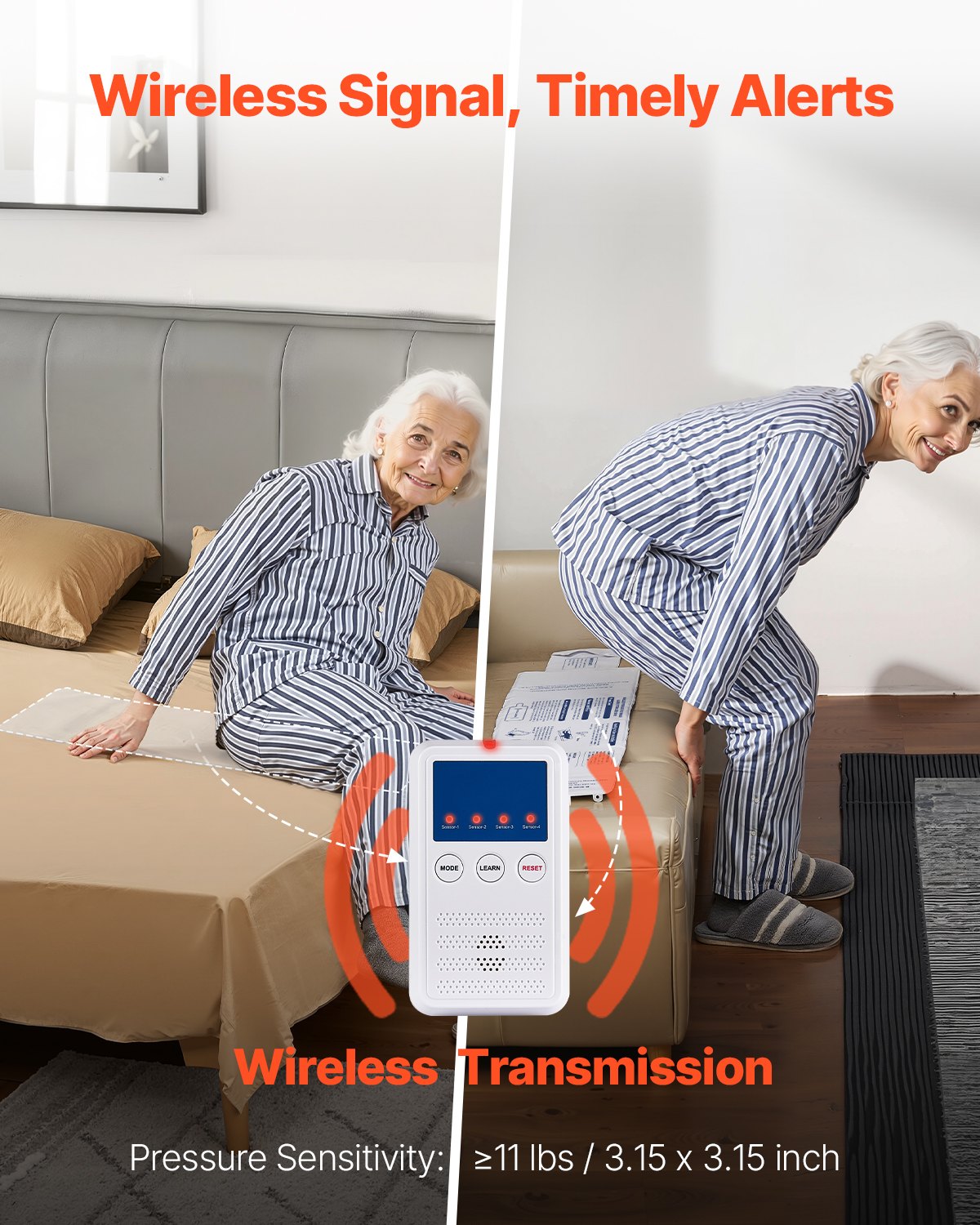 VEVOR Alarm Voetmat Sensormat, Sensorpad voor Bedden & Stoelen met Oproepknop & Pager, Veiligheidsalarmen en Valpreventie voor Senioren, Dementiepatiënten & Volwassenen, 900x254 mm