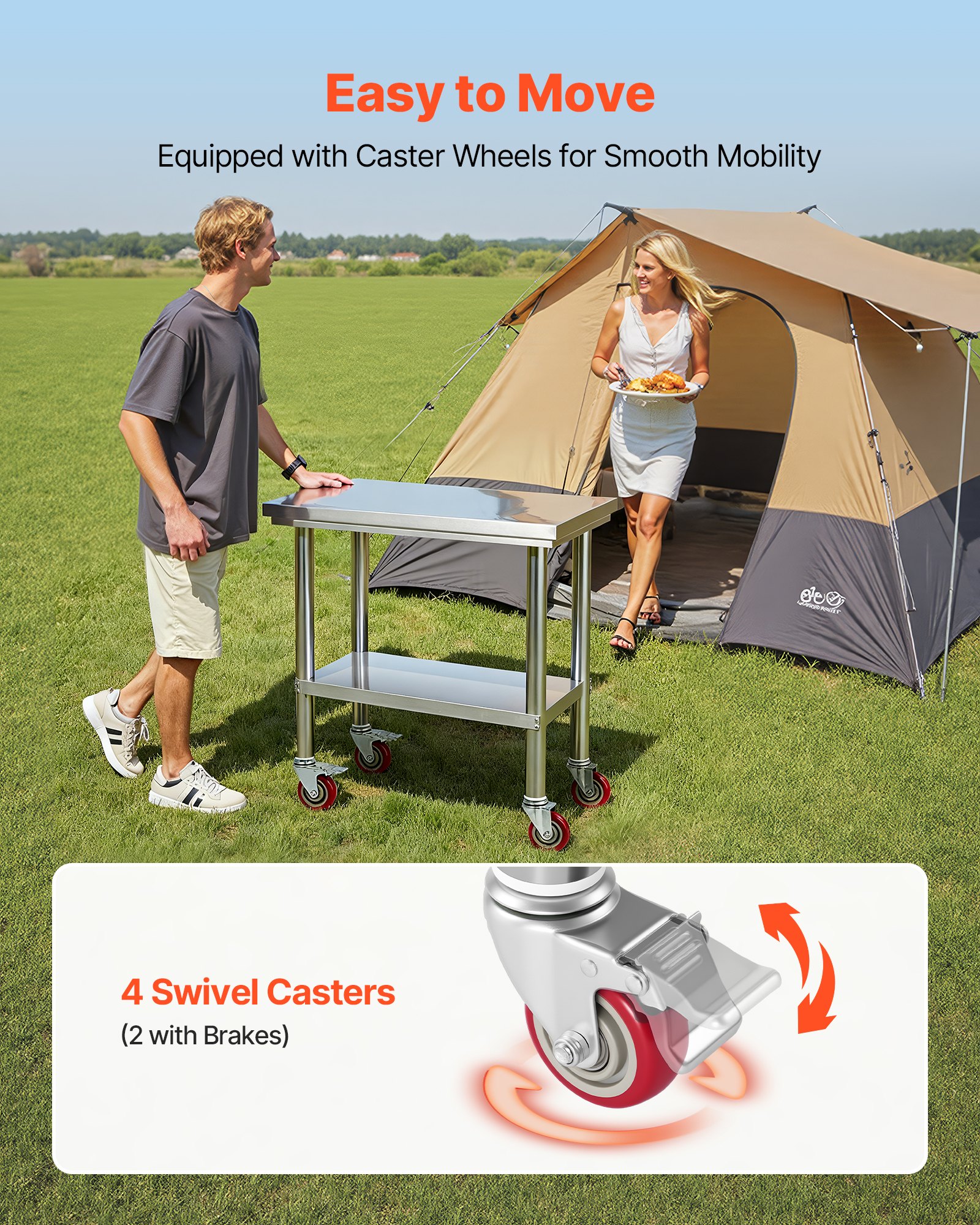 VEVOR Stainless Steel Table, 24 x 30 Inches Food Prep Worktable with Wheels, Kitchen Prep Table with Adjustable Undershelf Workstations for Commercial Kitchen, Restaurant, Hotel and Garage, Outdoor