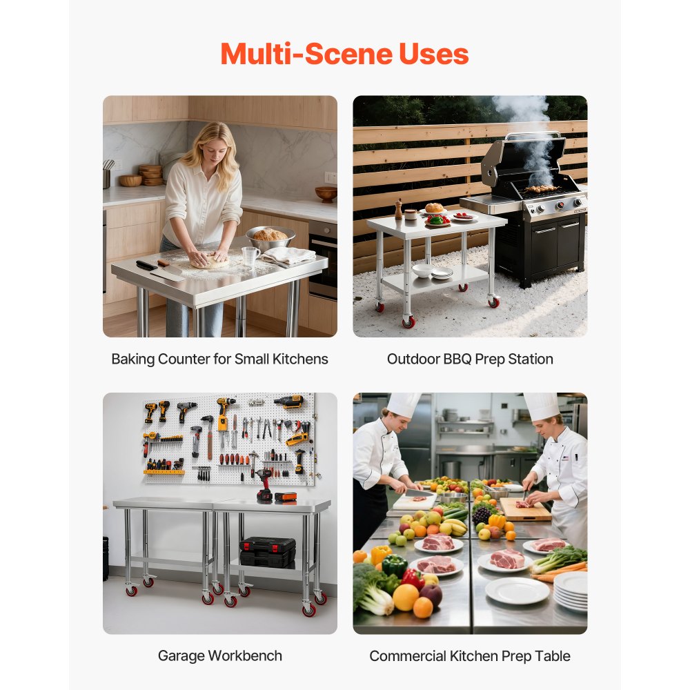 VEVOR Stainless Steel Table, 24 x 35.4 Inches Food Prep Worktable with Wheels, Kitchen Prep Table with Adjustable Undershelf Workstations for Commercial Kitchen, Restaurant, Hotel and Garage, Outdoor