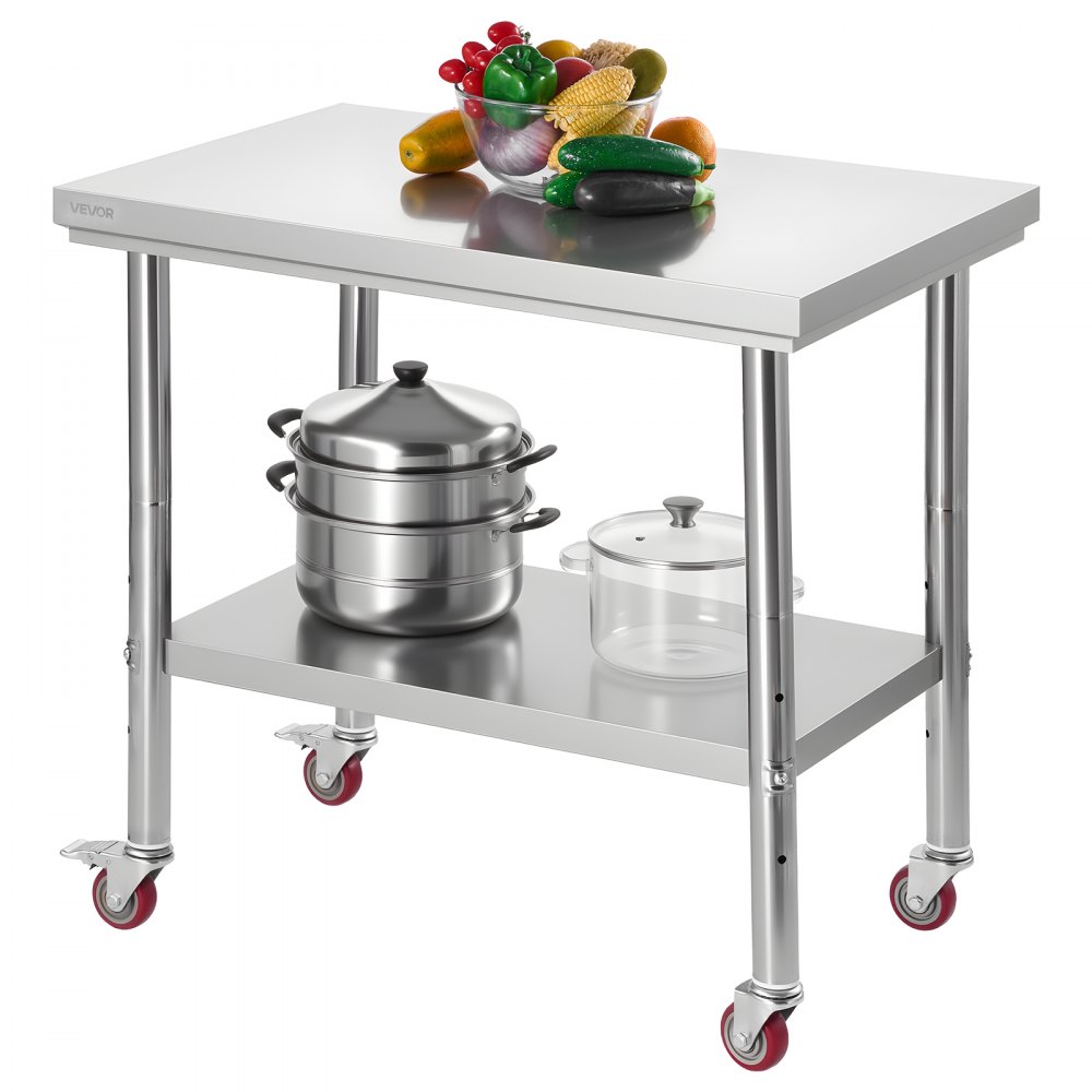 VEVOR Stainless Steel Table, 24 x 35.4 Inches Food Prep Worktable with Wheels, Kitchen Prep Table with Adjustable Undershelf Workstations for Commercial Kitchen, Restaurant, Hotel and Garage, Outdoor