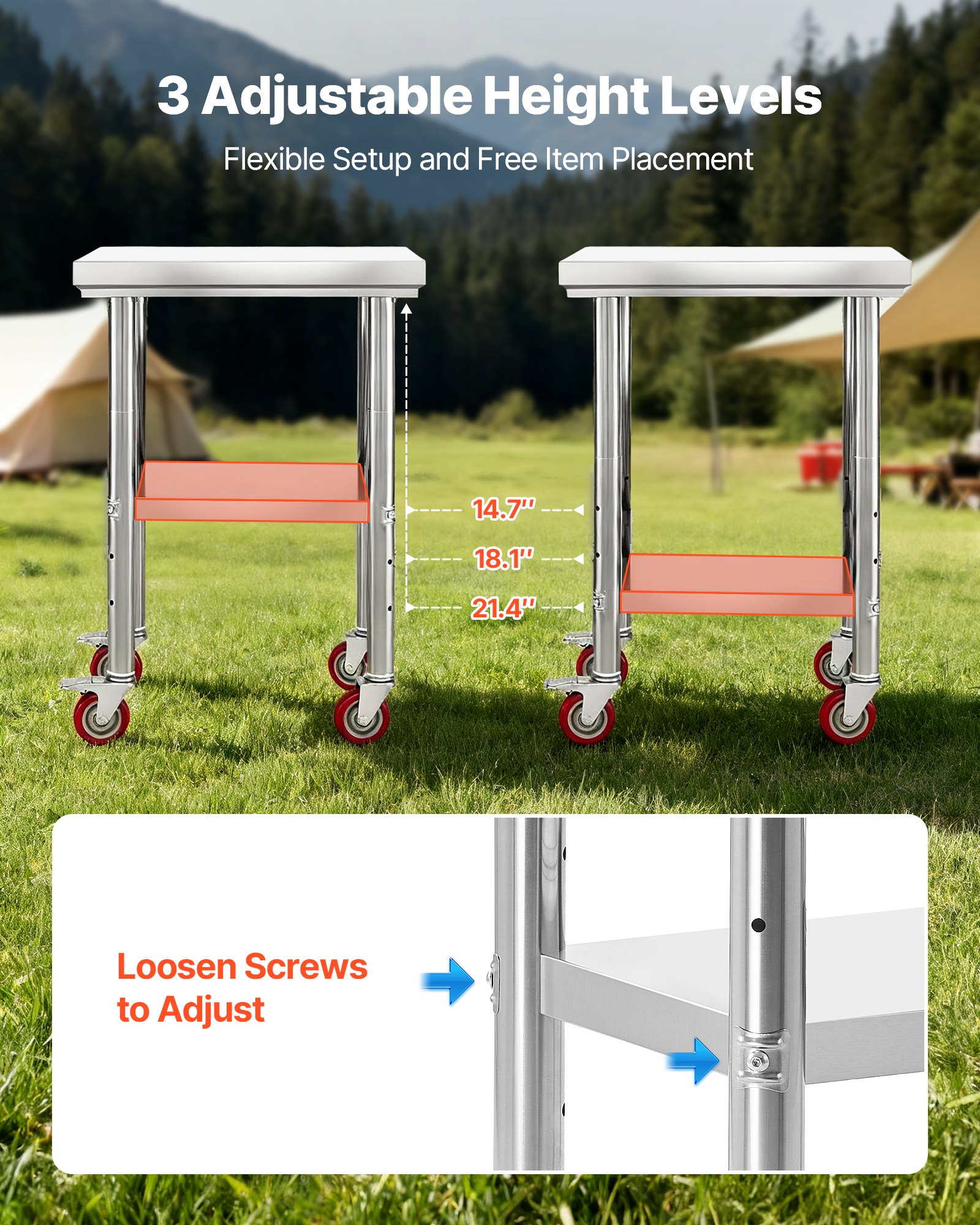 VEVOR Stainless Steel Table, 24 x 18 Inches Food Prep Worktable with Wheels, Kitchen Prep Table with Adjustable Undershelf Workstations for Commercial Kitchen, Restaurant, Hotel and Garage, Outdoor