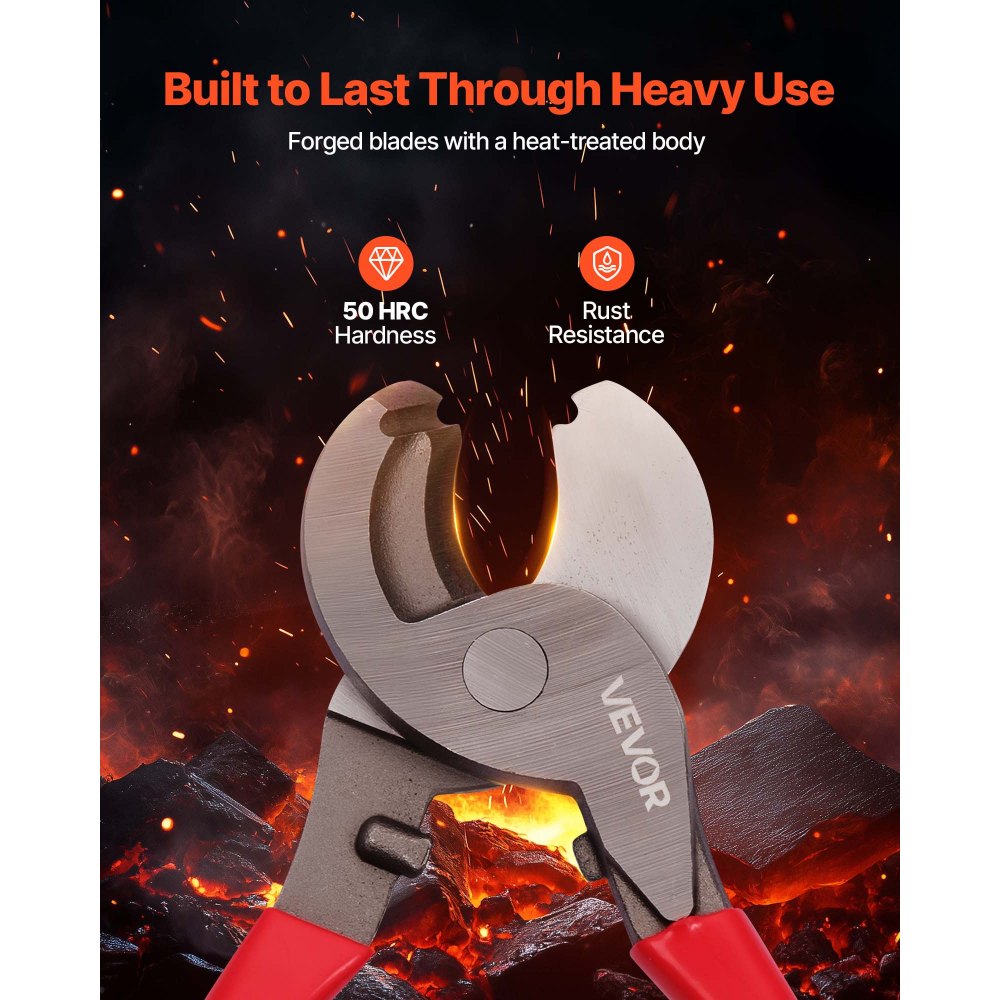 VEVOR Heavy-Duty kabelkniptang, compact formaat 235 mm met gesmede messen en PVC-gecoate handgrepen, voor 4/0 AWG aluminium, 2/0 AWG zacht koper en 100 paar 24AWG communicatiekabels.