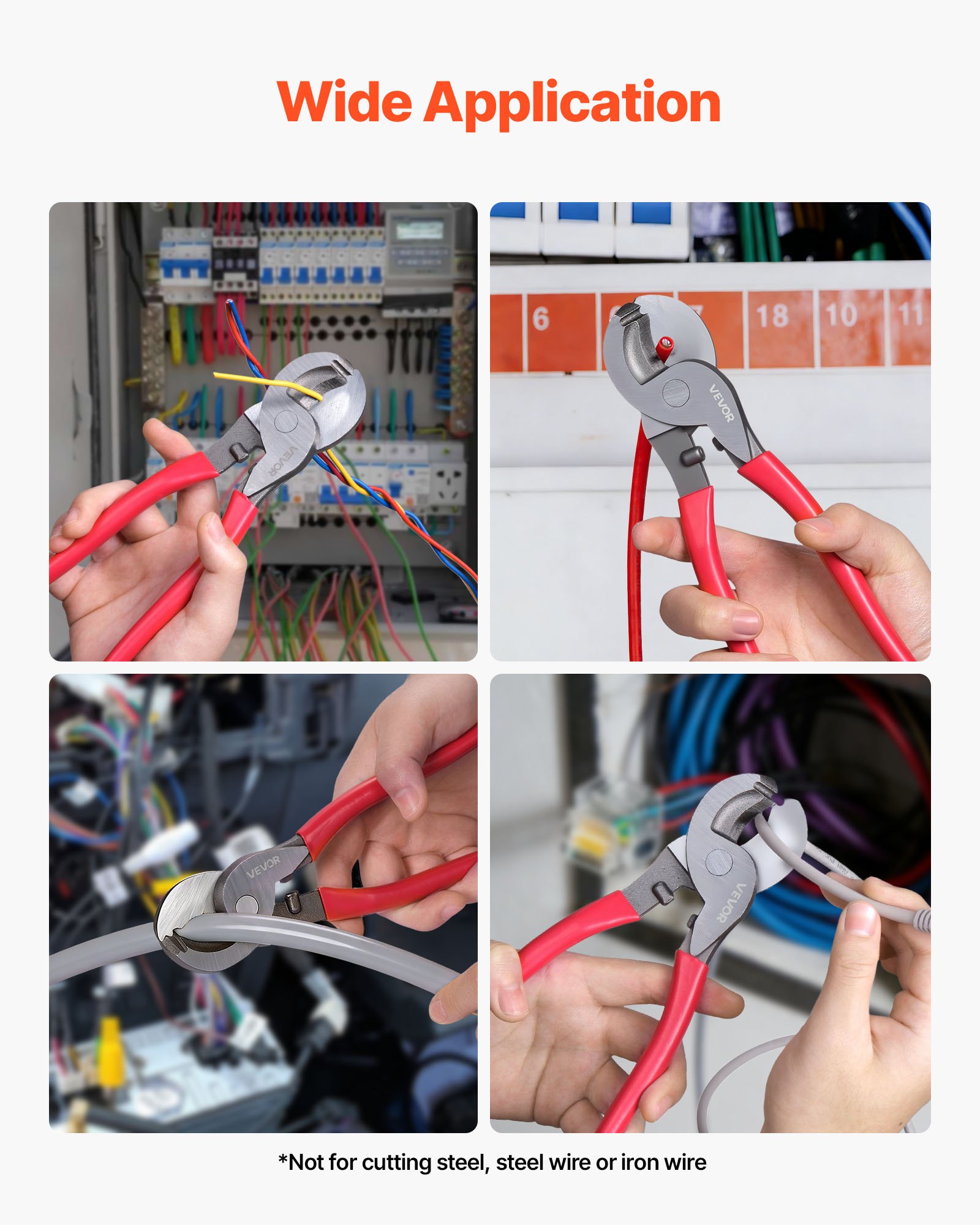 VEVOR Heavy-Duty kabelkniptang, compact formaat 235 mm met gesmede messen en PVC-gecoate handgrepen, voor 4/0 AWG aluminium, 2/0 AWG zacht koper en 100 paar 24AWG communicatiekabels.