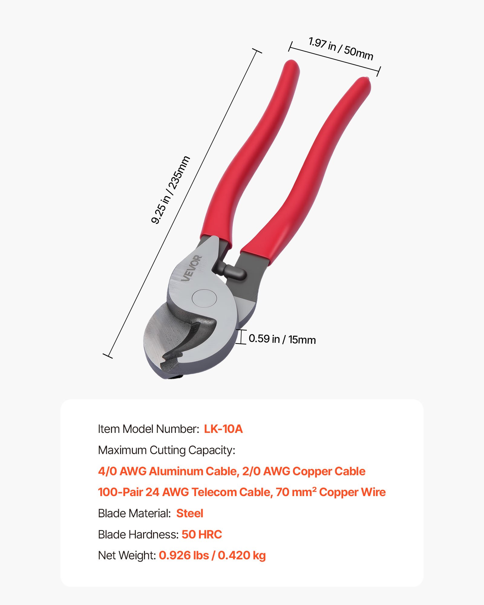 VEVOR Heavy-Duty kabelkniptang, compact formaat 235 mm met gesmede messen en PVC-gecoate handgrepen, voor 4/0 AWG aluminium, 2/0 AWG zacht koper en 100 paar 24AWG communicatiekabels.