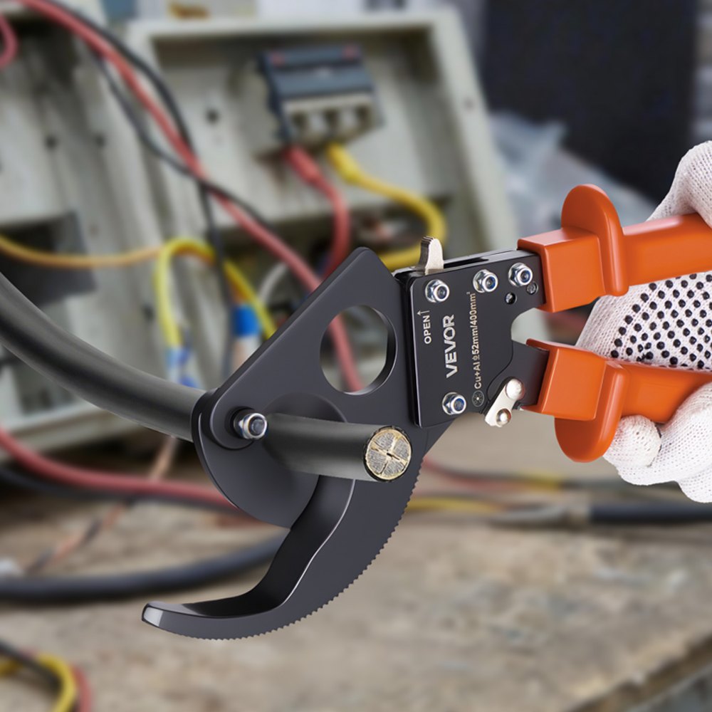VEVOR ratelkabelkniptang, verenstalen messen met PVC-gecoate handgrepen, snelontgrendelingsknop, ratelkabelkniptang voor het knippen van koperen en aluminium kabels tot 800 MCM / 400 mm².