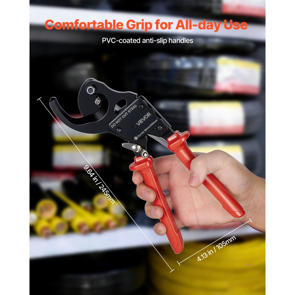 VEVOR Ratcheting Cable Cutter, Spring Steel Blades with PVC-Coated Handles, Quick-Release Button, Heavy Duty Ratchet Cable Wire Cutter for Cutting Copper & Aluminum Cables Up to 600 MCM / 300 mm²