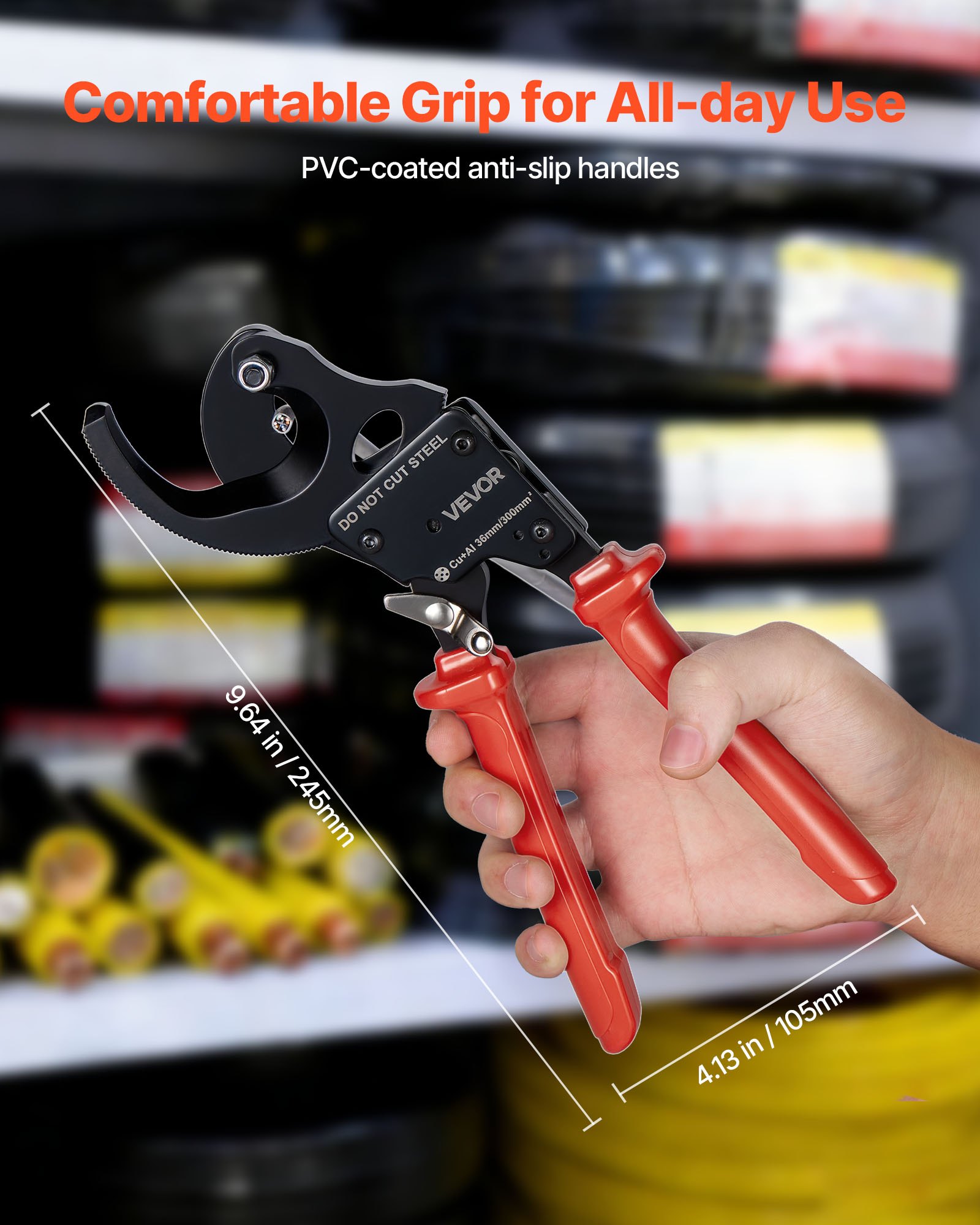 VEVOR ratelkabelkniptang, verenstalen messen met PVC-gecoate handgrepen, snelontgrendelingsknop, ratelkabelkniptang voor het knippen van koperen en aluminium kabels tot 600 MCM / 300 mm².