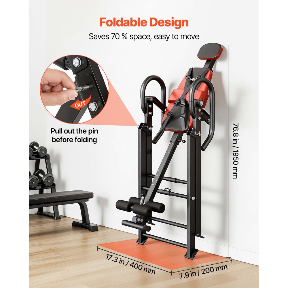 VEVOR Inversietafel tot 126 kg, robuuste inversietafel met dubbel rolvergrendelingsmechanisme, rugtrainer voor het verlichten van rug-, nek-, rug- en knieklachten, rugstrekbank rood zwart