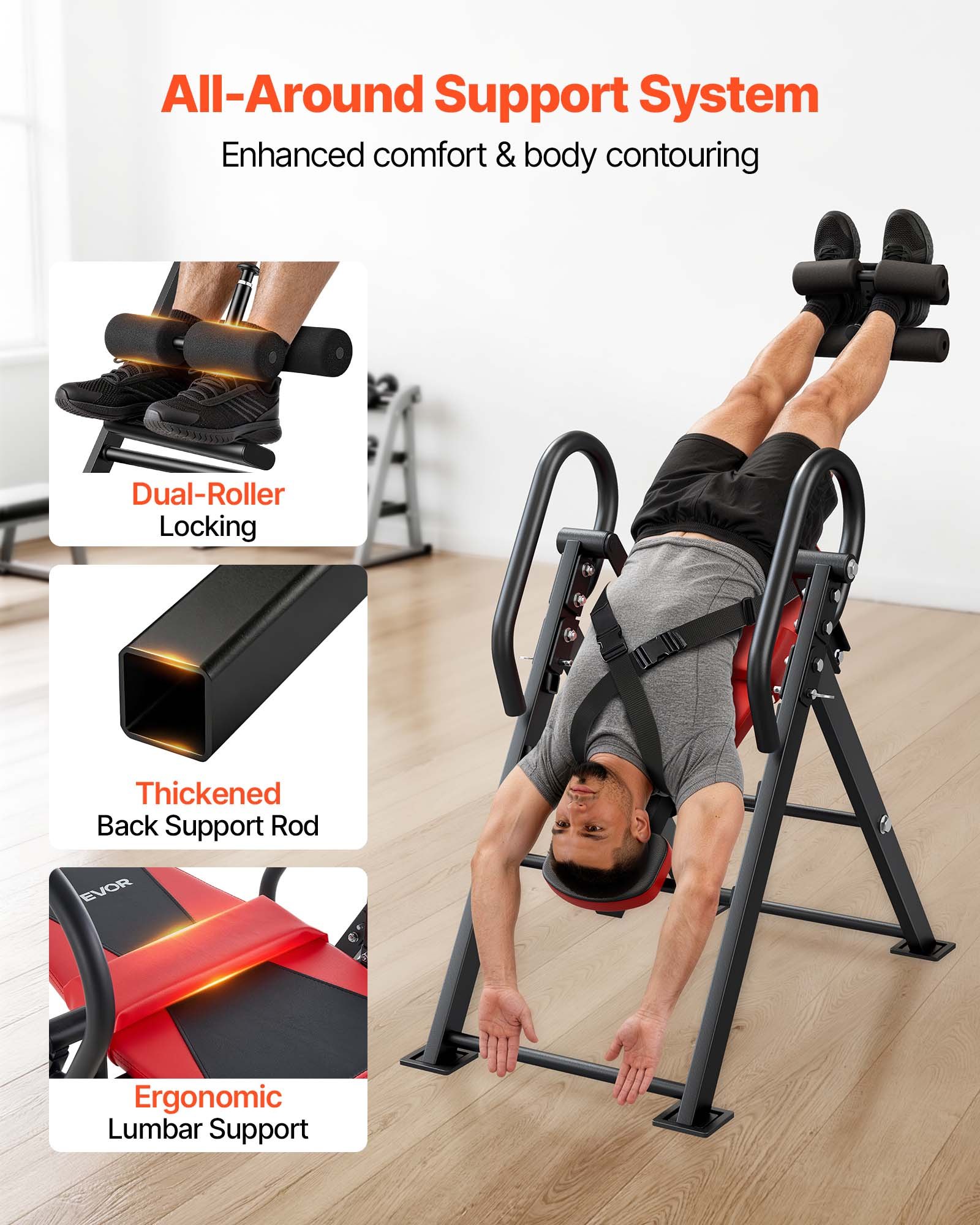 VEVOR Inversietafel tot 126 kg, robuuste inversietafel met dubbel rolvergrendelingsmechanisme, rugtrainer voor het verlichten van rug-, nek-, rug- en knieklachten, rugstrekbank rood zwart
