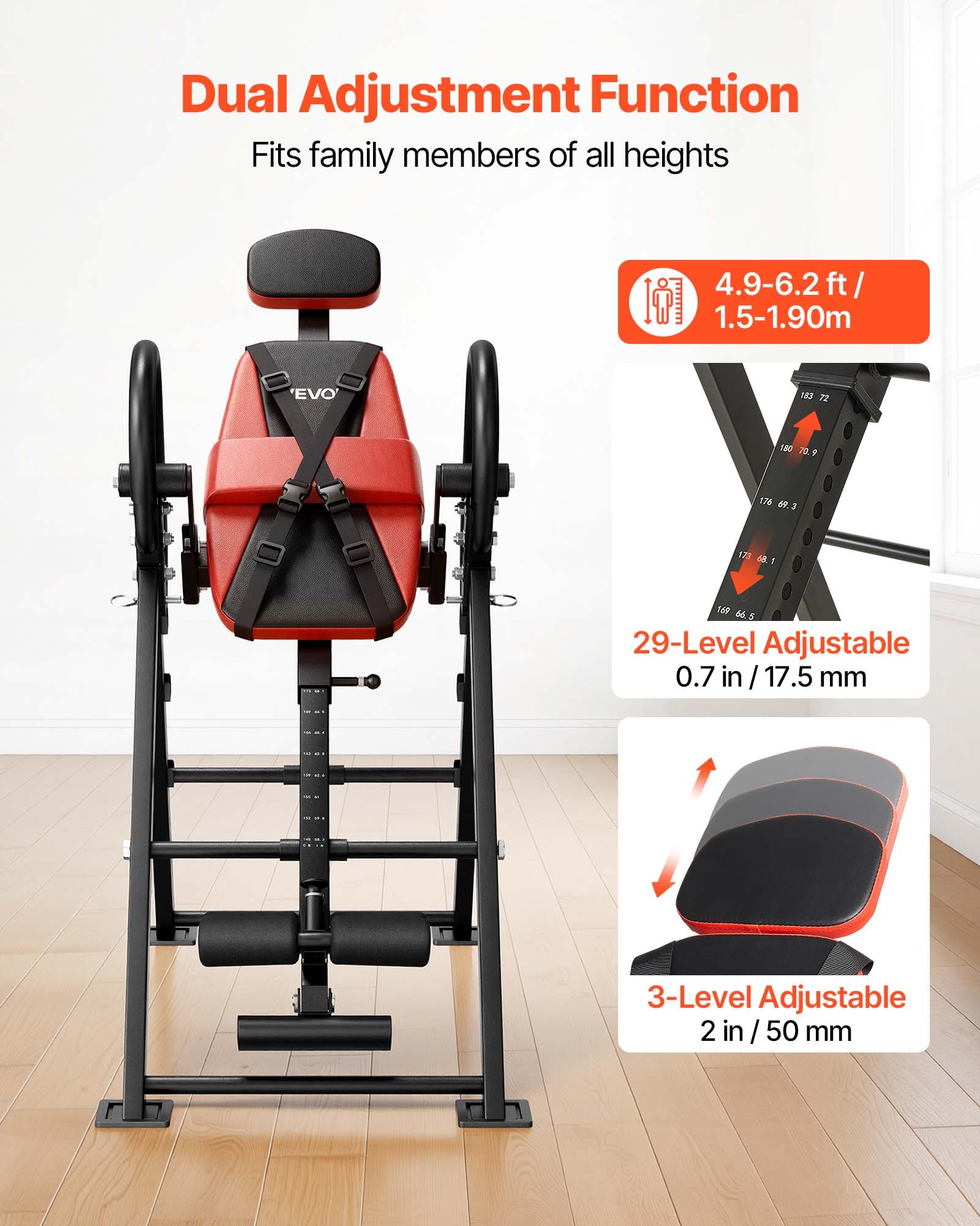 VEVOR Inversietafel tot 126 kg, robuuste inversietafel met dubbel rolvergrendelingsmechanisme, rugtrainer voor het verlichten van rug-, nek-, rug- en knieklachten, rugstrekbank rood zwart
