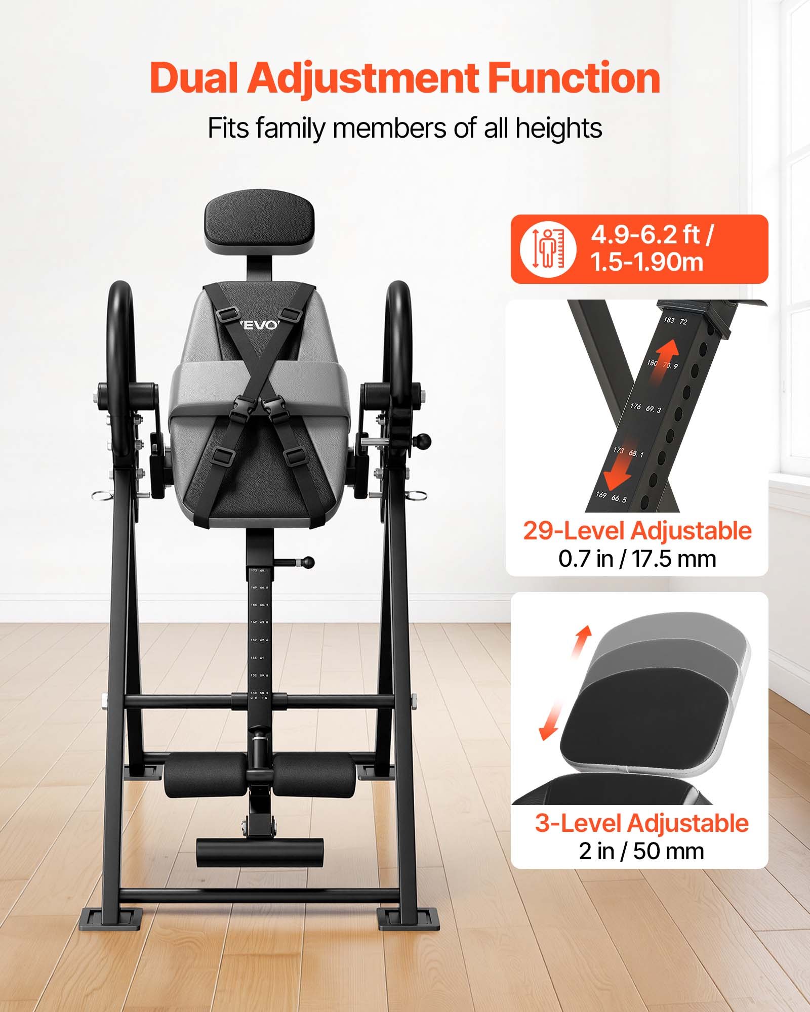 VEVOR Inversietafel tot 136 kg, robuuste inversietafel met dubbel rolvergrendelingsmechanisme, rugtrainer voor verlichting van rug- en nekklachten, armleuningen in 3 standen en verstelbare voetsteun, zwart