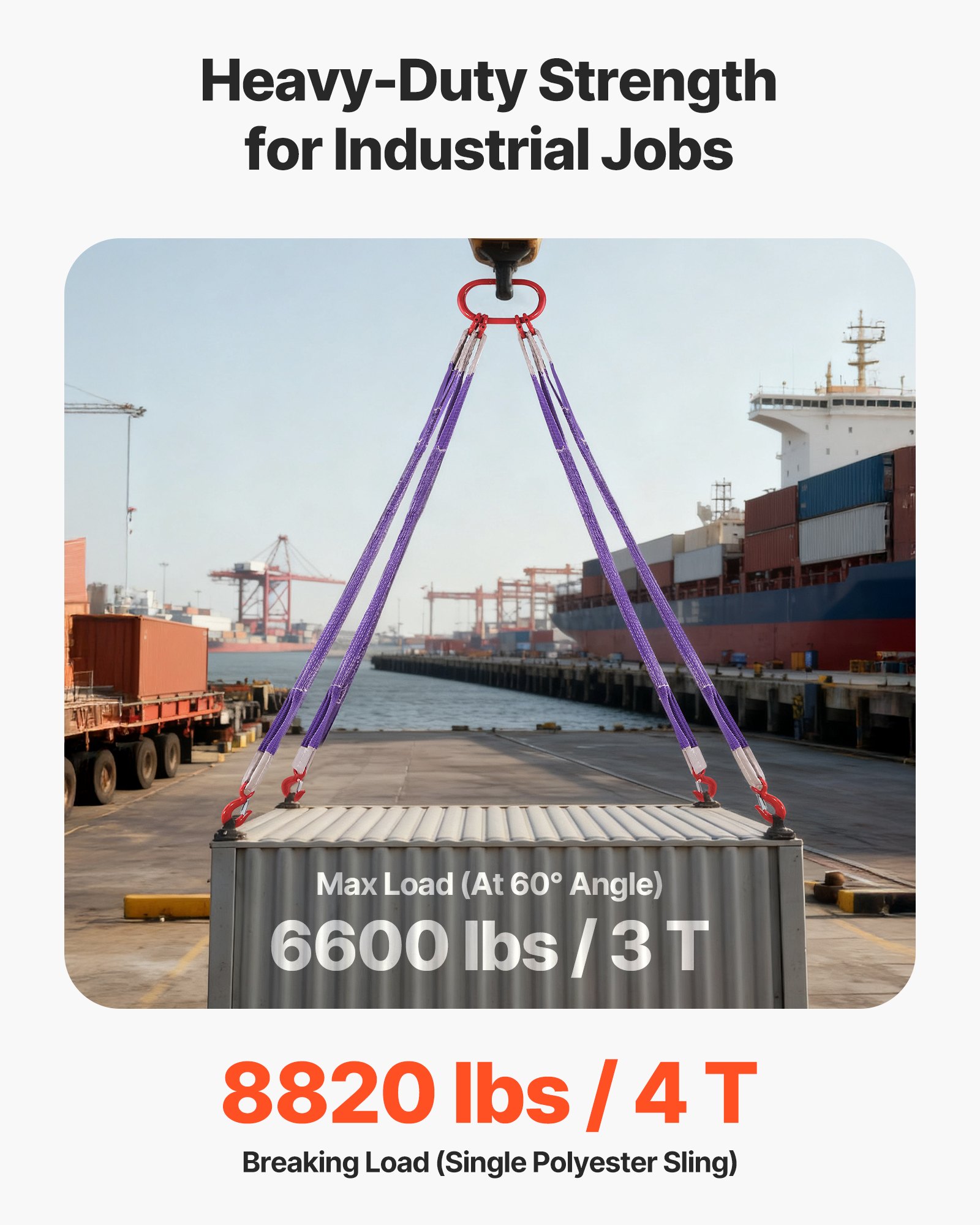VEVOR 4-strengs polyester hijsband met haak, 3000 kg, 1,5 m lange zware hijsband, verdikte en slijtvaste hijsbanden voor motoren, kranen, takels en vrachtwagens