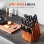 VEVOR knife storage block on kitchen counter with cutting board, sliced lemons, and spices in background.