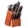 VEVOR knife storage block with stainless steel knives, black handles, and kitchen scissors in a wooden block.