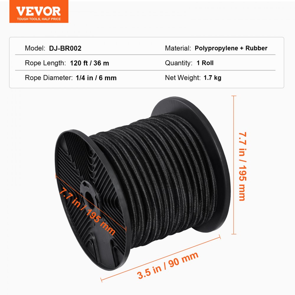 VEVOR 1/4 inch bungee-koord, 120 ft/36 m spoel, robuuste bungee-riemen, 100% rekbaar elastisch bungee-koord voor vracht, zeilen, kamperen, kajakdek en knutselen, zwart