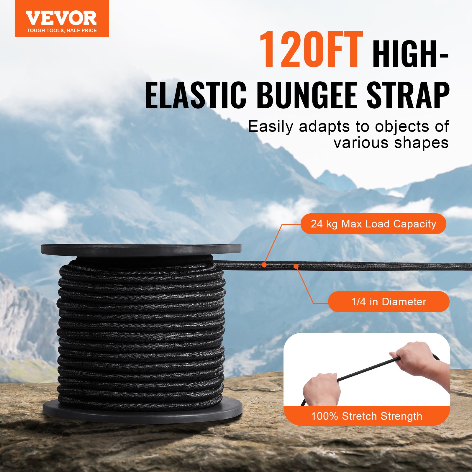VEVOR 1/4 inch bungee-koord, 120 ft/36 m spoel, robuuste bungee-riemen, 100% rekbaar elastisch bungee-koord voor vracht, zeilen, kamperen, kajakdek en knutselen, zwart
