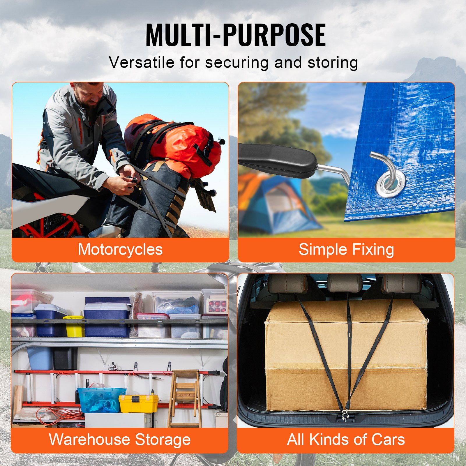 VEVOR 4 Piece Flat Bungee Cord, 20 mm Heavy Duty Bungee Straps with Steel S-Hooks, 40" Elastic Bungee Rope for Cargo, Tarps, Trucks and Tent, Black