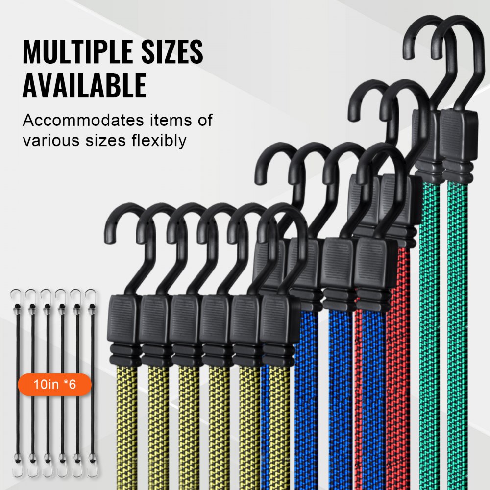 VEVOR 32 Piece Flat Bungee Cord Set, 17 mm Heavy Duty Bungee Straps with A3 Steel J-Hooks, Includes 10", 18", 24", 32", 40", Bungee Rope with Portable Storage Bag, 6 Clips & Canopy Ties