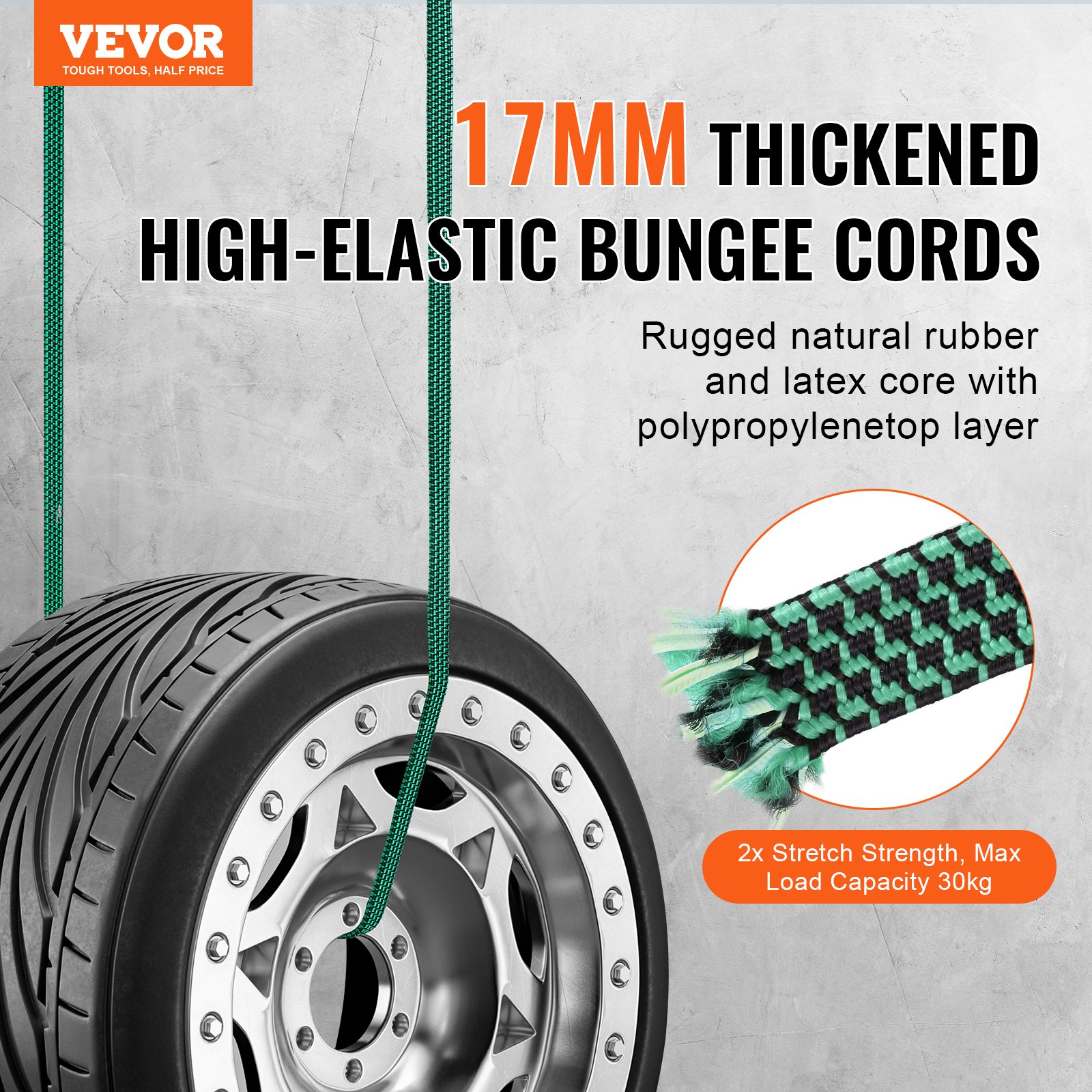 VEVOR 32 Piece Flat Bungee Cord Set, 17 mm Heavy Duty Bungee Straps with A3 Steel J-Hooks, Includes 10", 18", 24", 32", 40", Bungee Rope with Portable Storage Bag, 6 Clips & Canopy Ties
