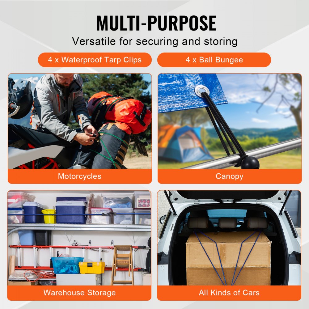 VEVOR 32 Piece Bungee Cords Assortment, 8 mm Heavy Duty Bungee Straps with A3 Steel Hooks, Including 10", 24", 32", 40", 48", Bungee Ropes Set with Portable Storage Bag, 4 Clips & Canopy Ties