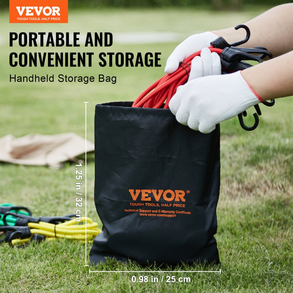 VEVOR 32 Piece Bungee Cords Assortment, 8 mm Heavy Duty Bungee Straps with A3 Steel Hooks, Including 10", 24", 32", 40", 48", Bungee Ropes Set with Portable Storage Bag, 4 Clips & Canopy Ties