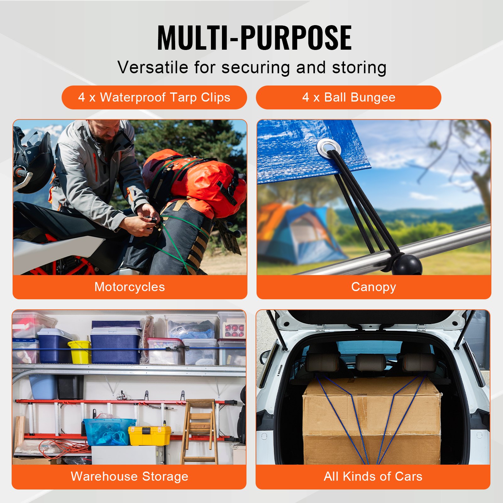 VEVOR 32 Piece Bungee Cords Assortment, 8 mm Heavy Duty Bungee Straps with A3 Steel Hooks, Including 10", 24", 32", 40", 48", Bungee Ropes Set with Portable Storage Bag, 4 Clips & Canopy Ties