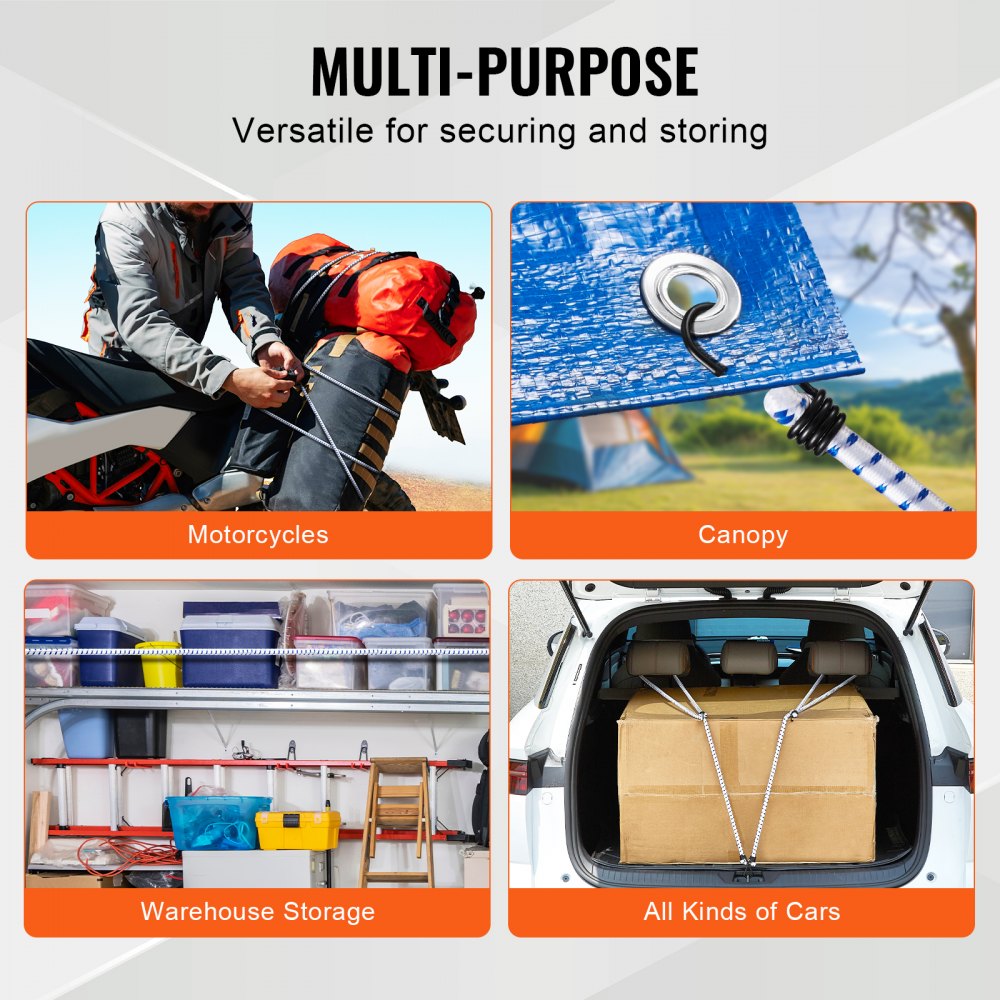 VEVOR 6 Piece Bungee Cords with A3 Steel Hooks, 72 Inch Heavy Duty Bungee Straps, 12 mm Elastic Bungee Ropes Set for Camping, Tarps, Motorcycle, Truck and Tent, White with Blue Stripes