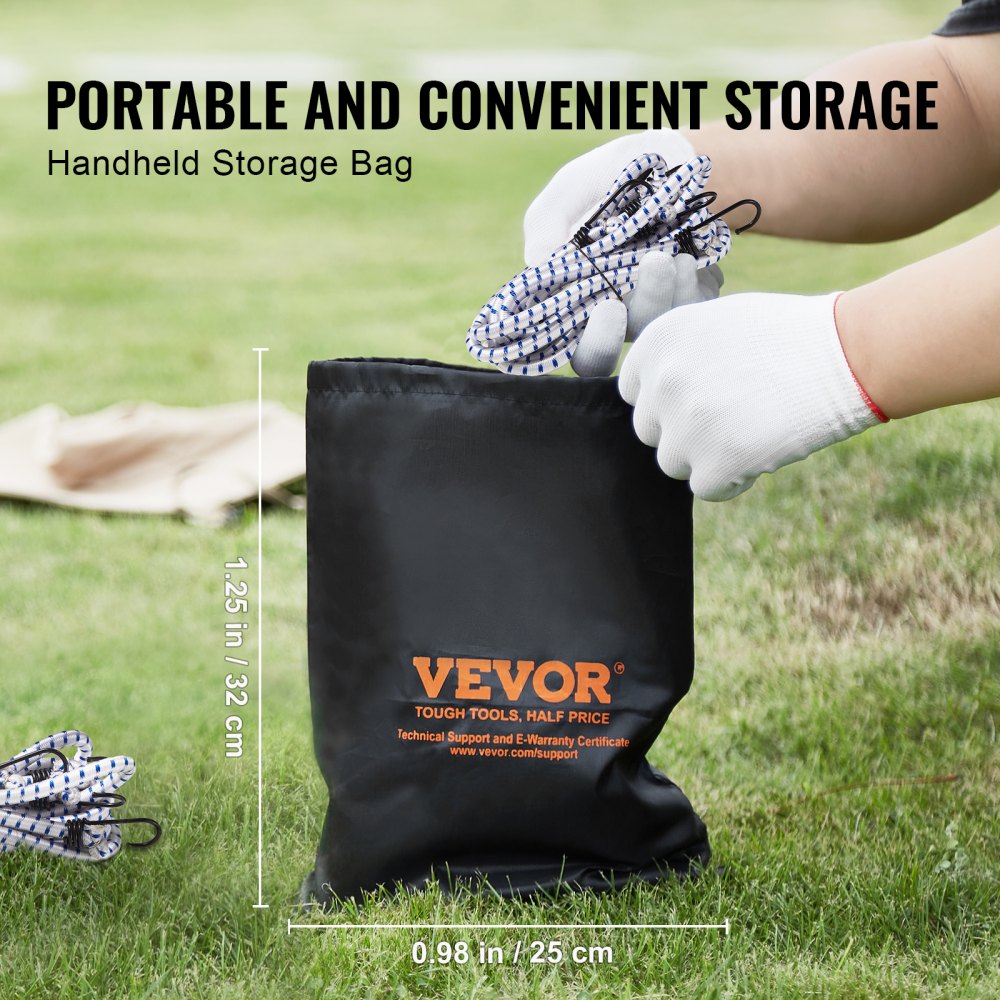 VEVOR 6 Piece Bungee Cords with A3 Steel Hooks, 72 Inch Heavy Duty Bungee Straps, 12 mm Elastic Bungee Ropes Set for Camping, Tarps, Motorcycle, Truck and Tent, White with Blue Stripes