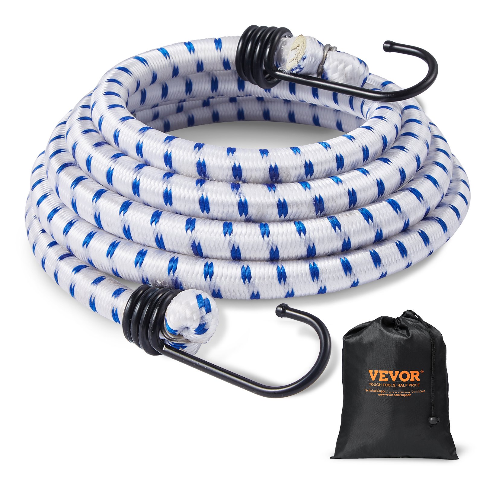VEVOR 6 Piece Bungee Cords with A3 Steel Hooks, 72 Inch Heavy Duty Bungee Straps, 12 mm Elastic Bungee Ropes Set for Camping, Tarps, Motorcycle, Truck and Tent, White with Blue Stripes