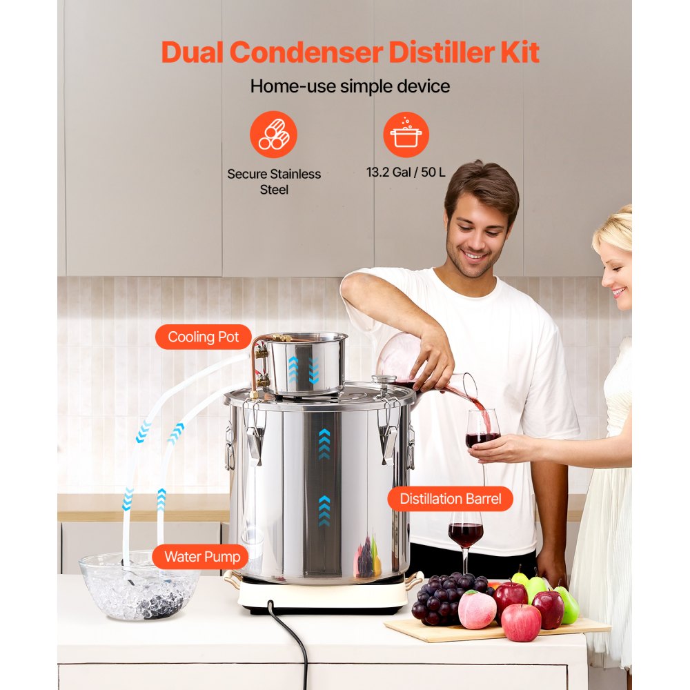 VEVOR Alcohol Distiller 50 L RVS Water Alcohol Distiller met Koperen Spoel, Thuisbrouwen Raffinage Fermentatie Kit met Thermometer en Pomp, voor Wijn Whisky Brandy, Zilver