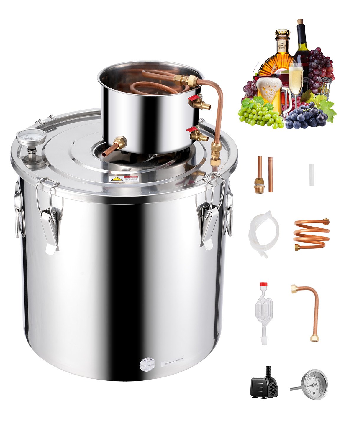 VEVOR Alcohol Distiller 50 L RVS Water Alcohol Distiller met Koperen Spoel, Thuisbrouwen Raffinage Fermentatie Kit met Thermometer en Pomp, voor Wijn Whisky Brandy, Zilver