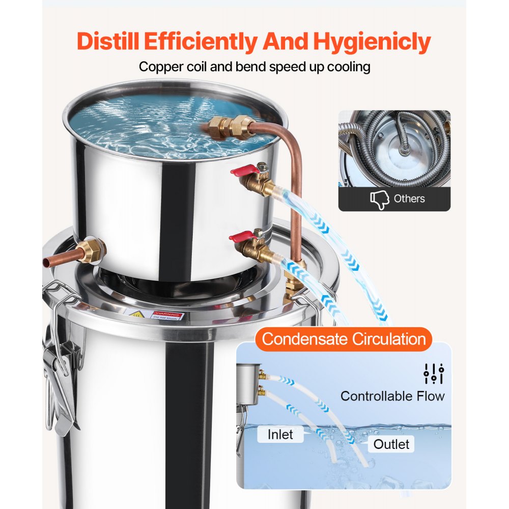 VEVOR Alcohol Still, 3 Gal / 11.4 L Stainless Steel Water Alcohol Distiller with Copper Coil, Home Brewing Refining Fermentation Kit with Thermometer, for Wine Whisky Brandy, Silver