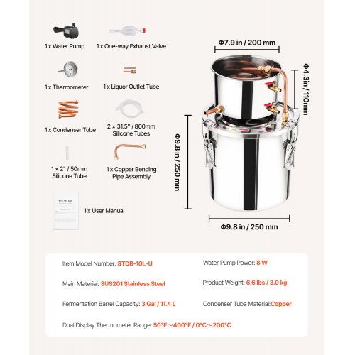 VEVOR STDB-10L 3 Gal / 11,4 l roestvrij staal water alcohol