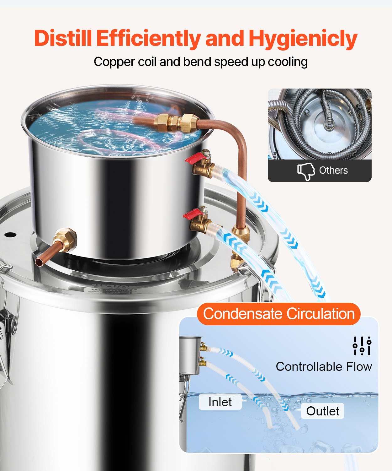 VEVOR Alcohol Still, 5 Gal / 19 L Stainless Steel Water Alcohol Distiller with Copper Coil, Home Brewing Refining Fermentation Kit with Thermometer, for Wine Whisky Brandy, Silver