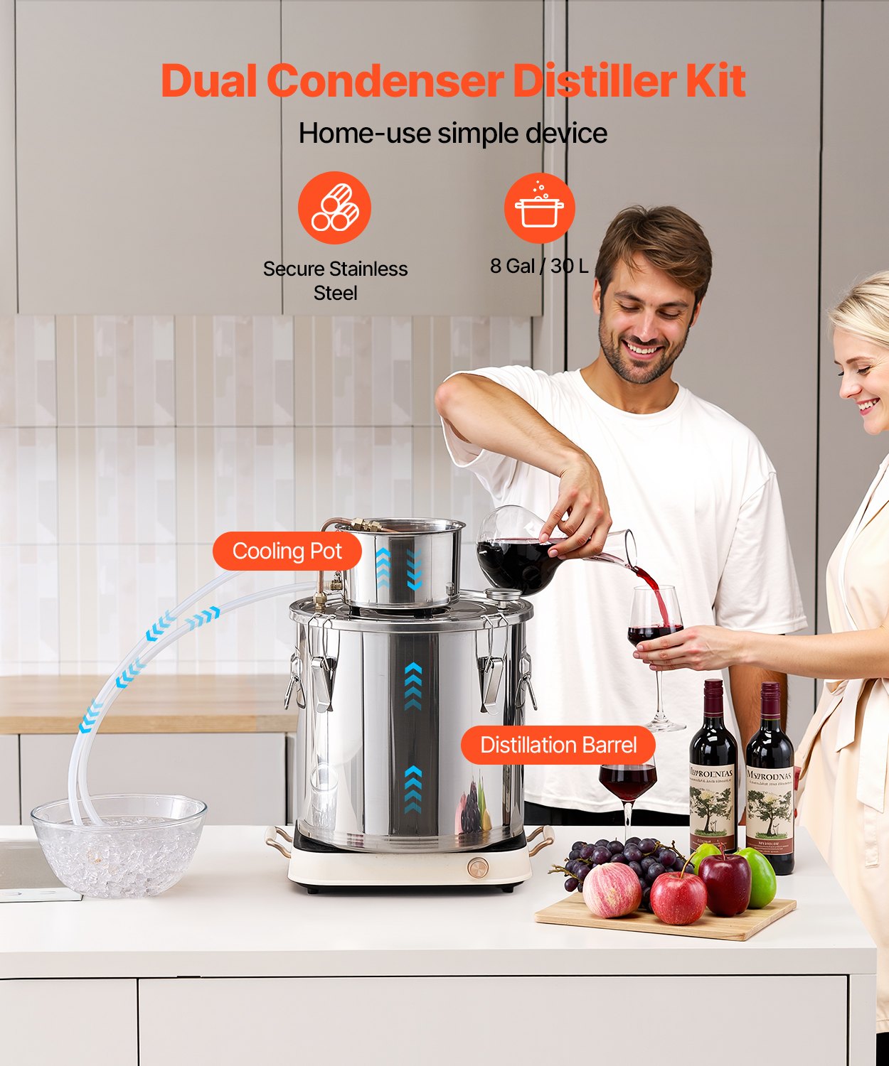 VEVOR Alcohol Distiller 30 L RVS Water Alcohol Distiller met Koperen Spoel, Thuisbrouwen Raffinage Fermentatie Kit met Thermometer, voor Wijn Whisky Brandy Zilver