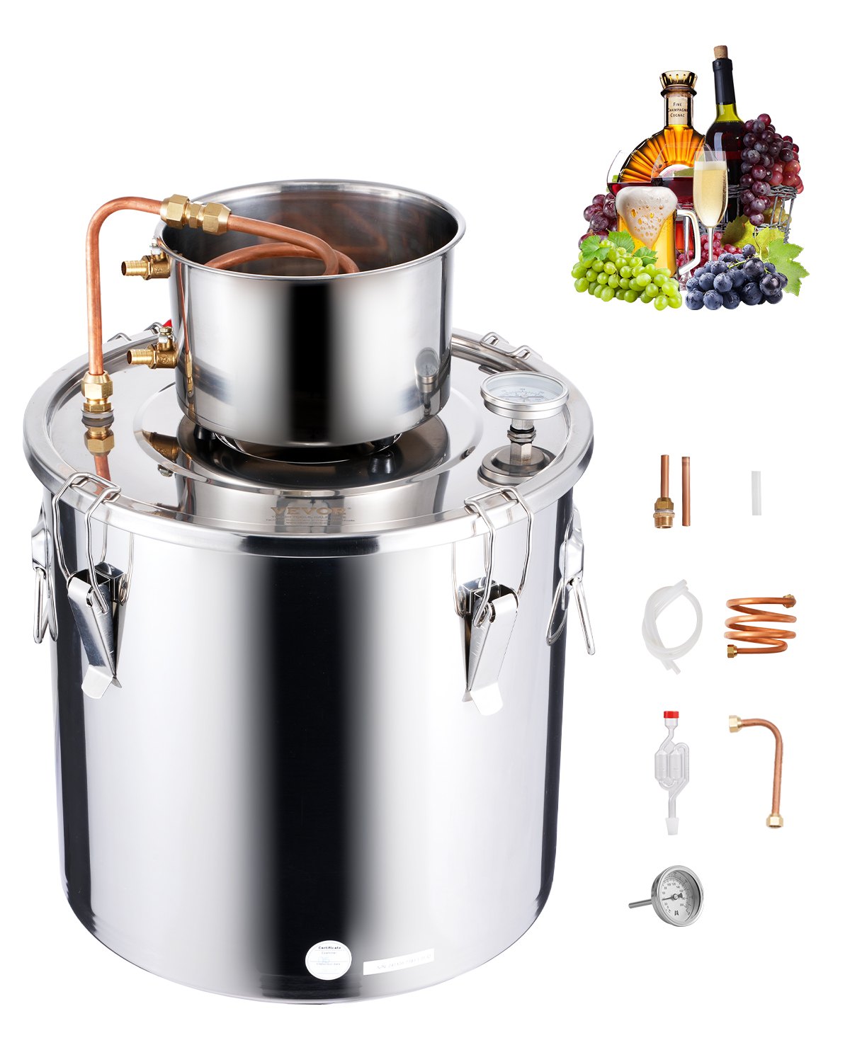 VEVOR Alcohol Distiller 30 L RVS Water Alcohol Distiller met Koperen Spoel, Thuisbrouwen Raffinage Fermentatie Kit met Thermometer, voor Wijn Whisky Brandy Zilver