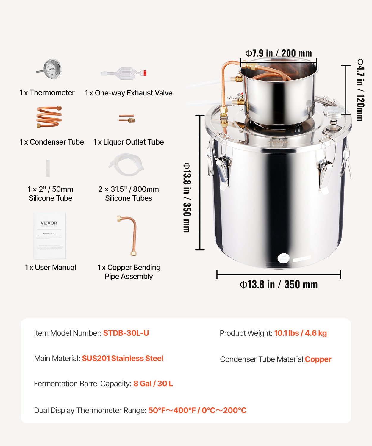 VEVOR Alcohol Still, 8 Gal / 30 L Stainless Steel Water Alcohol Distiller with Copper Coil, Home Brewing Refining Fermentation Kit with Thermometer, for Wine Whisky Brandy, Silver