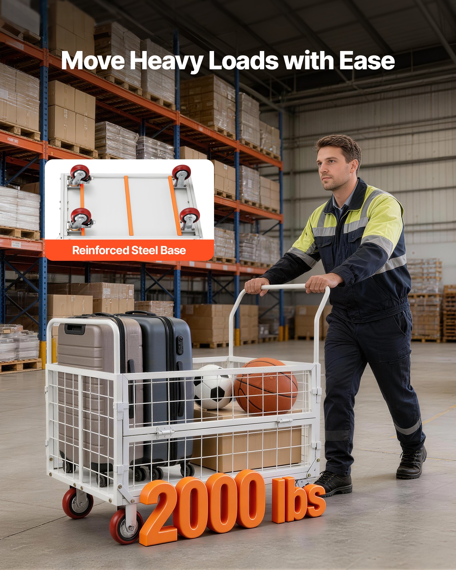 VEVOR platformtrolley met gaaszijden 907 kg, 6-in-1 opvouwbare transporttrolley met zwenkwielen, robuuste handtrolley, multifunctionele materiaaltrolley, voor voedsel en wasgoed, 1130x675x1070 mm