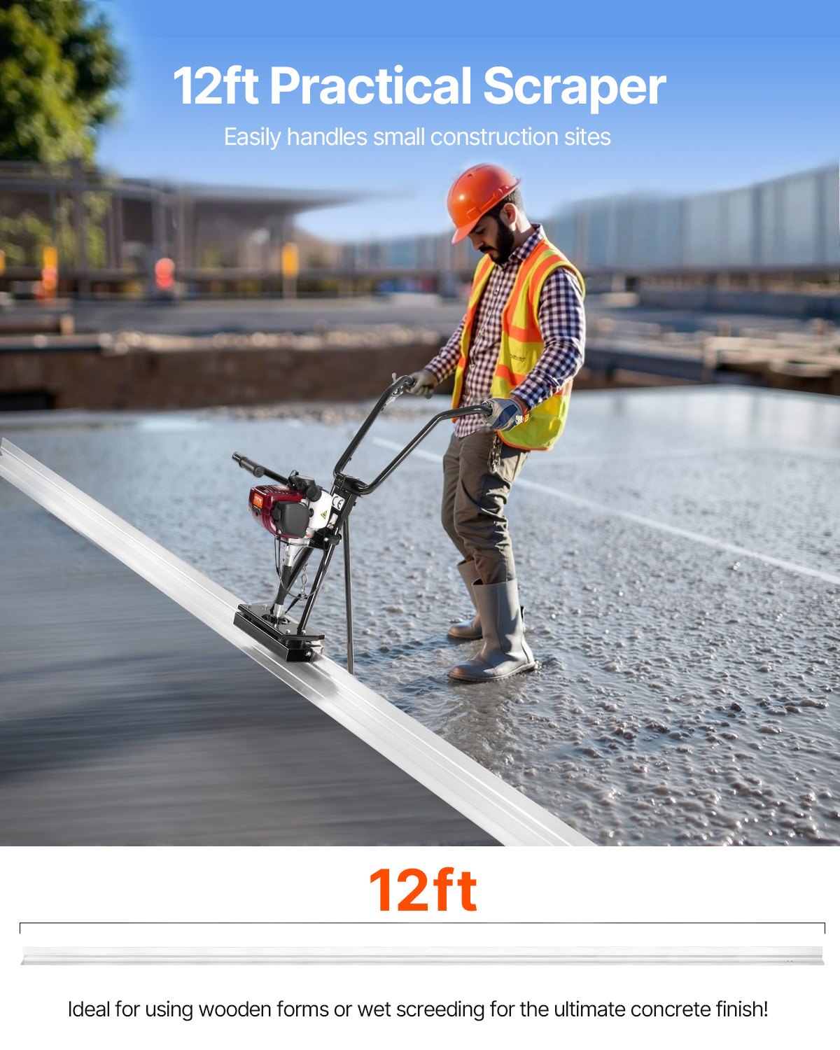 VEVOR 3,36 m elektrische betonspreider, aluminium, nivelleer- en afwerkgereedschap voor betonvloeren, 4-takt trilmotor, in hoogte verstelbare handgrepen, hoge efficiëntie, 6500 tpm