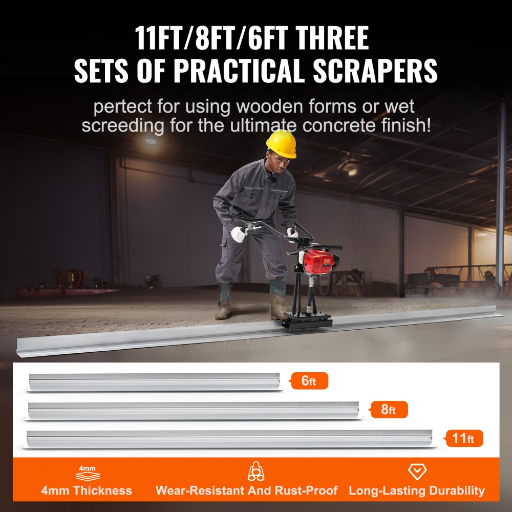 VEVOR Gas Concrete Power Screed, 6ft/8ft/11ft Aluminum Board Straight Edge Bar Set, 4 Stroke Cement Finishing Vibrating Motor with Height Adjustable Handles, High Efficient Concrete Tools 6500RPM