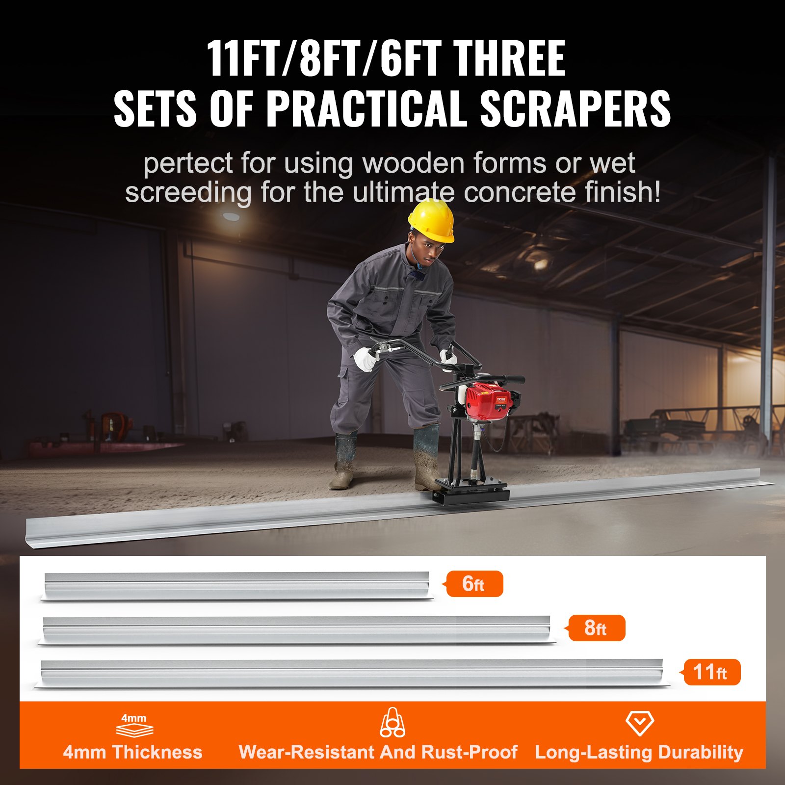 VEVOR Gas Concrete Power Screed, 6ft/8ft/11ft Aluminum Board Straight Edge Bar Set, 4 Stroke Cement Finishing Vibrating Motor with Height Adjustable Handles, High Efficient Concrete Tools 6500RPM