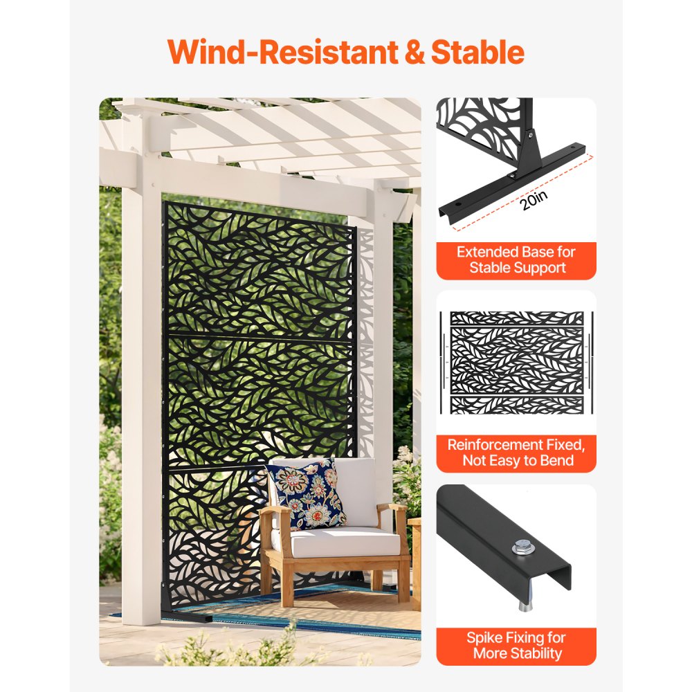 VEVOR Screen, 120x50,8x183 cm, Buitenschermen en panelen, Vrijstaande scheidingswand met standaard, Decoratieve kamerverdeler voor balkon, terras, binnen, Zwart