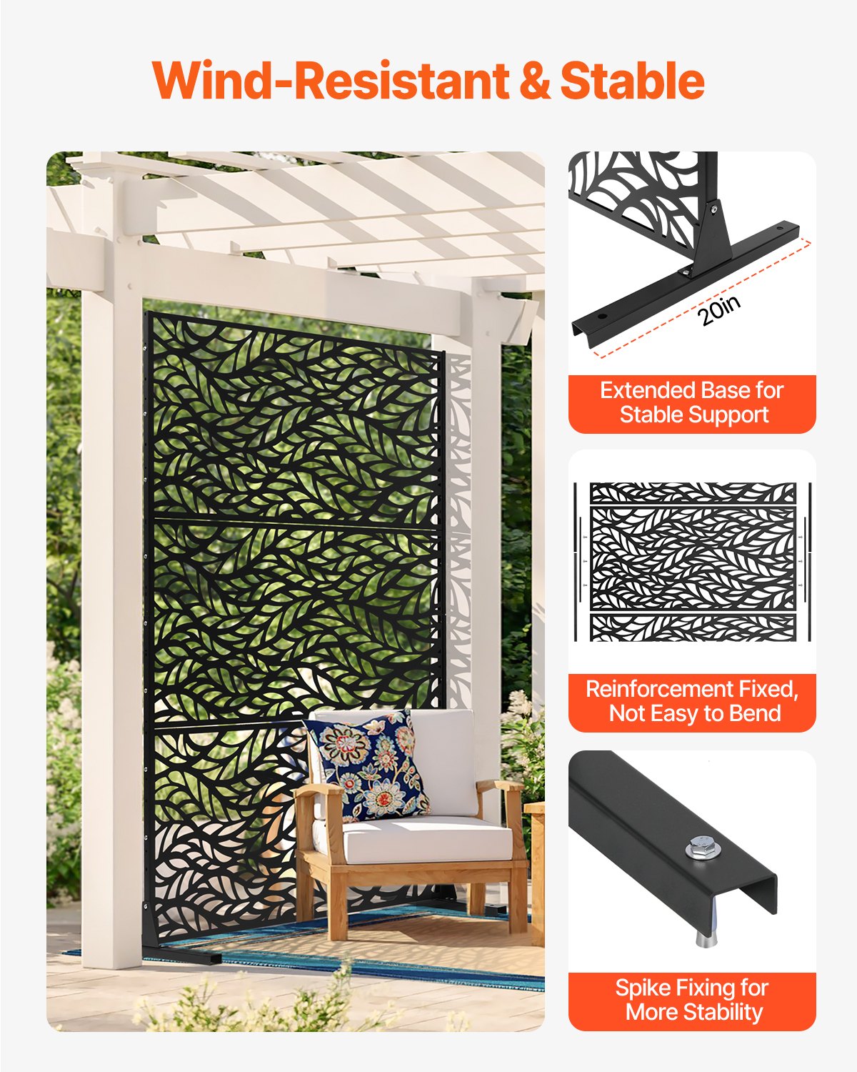 VEVOR Screen, 120x50,8x183 cm, Buitenschermen en panelen, Vrijstaande scheidingswand met standaard, Decoratieve kamerverdeler voor balkon, terras, binnen, Zwart