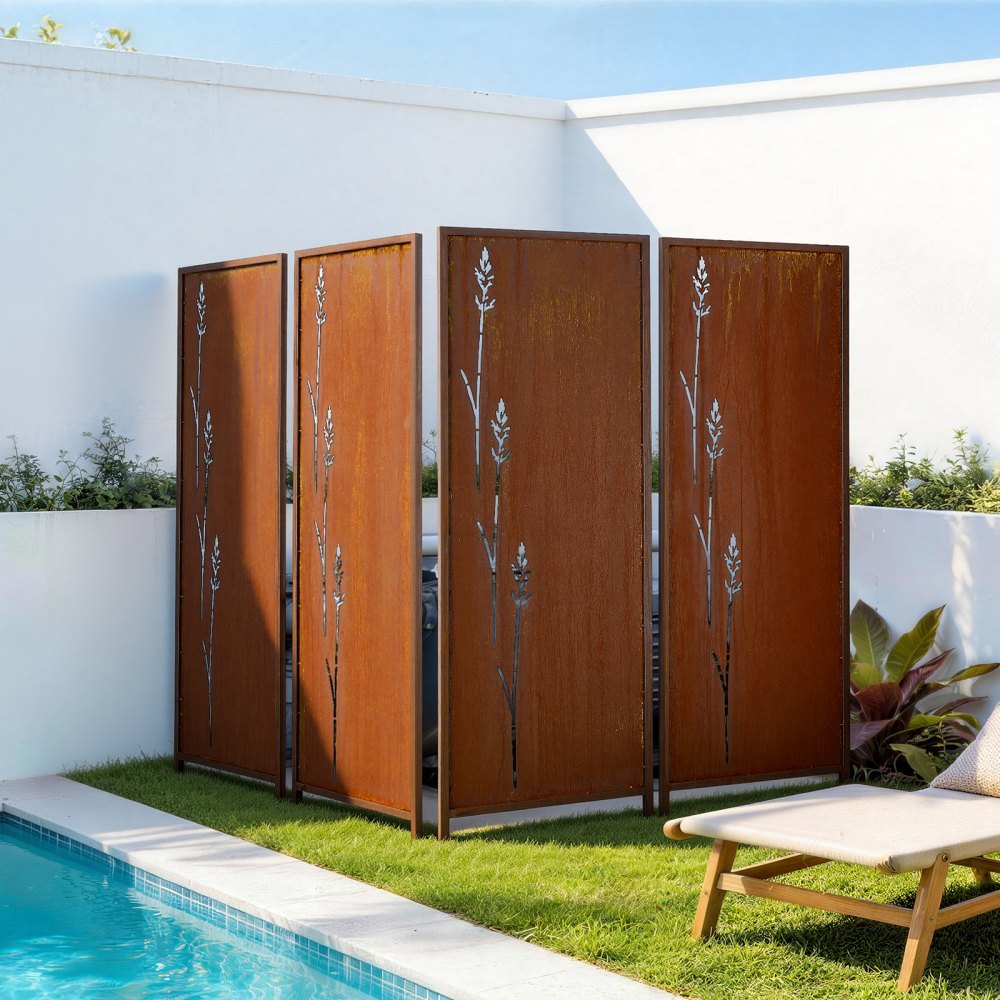 VEVOR Opklapbaar scherm 50x160 cm, 4-delige set, kamerscherm, afscheiding met grondpinnen en koolstofstalen paneel, privacyscherm, decoratieve privacywand voor tuin, terras, erf, balkon