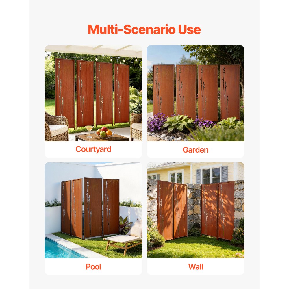 VEVOR Opklapbaar scherm 50x160 cm, 4-delige set, kamerscherm, afscheiding met grondpinnen en koolstofstalen paneel, privacyscherm, decoratieve privacywand voor tuin, terras, erf, balkon