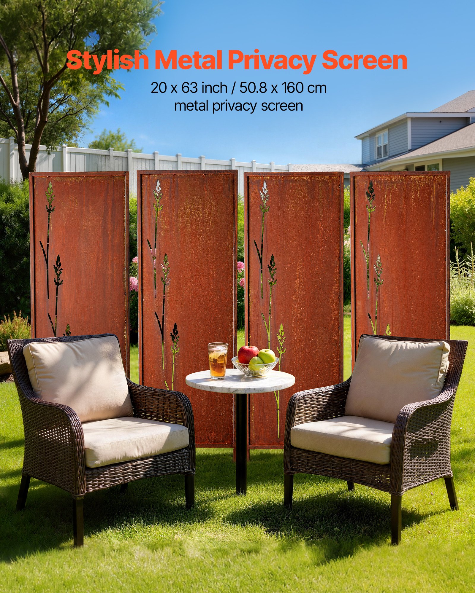 VEVOR Opklapbaar scherm 50x160 cm, 4-delige set, kamerscherm, afscheiding met grondpinnen en koolstofstalen paneel, privacyscherm, decoratieve privacywand voor tuin, terras, erf, balkon