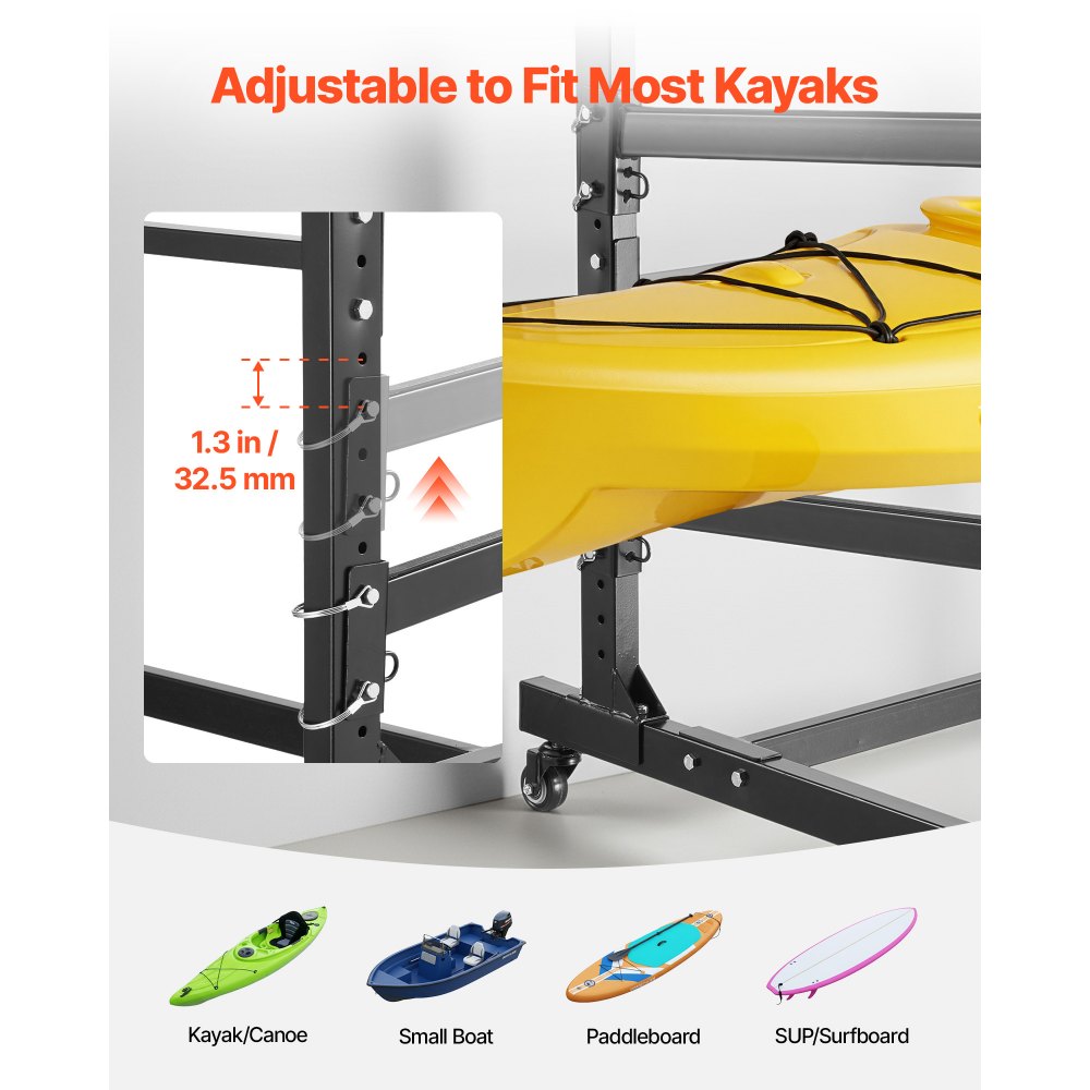 VEVOR Vrijstaande kajakopbergrek voor 2 kajaks/kano's/surfplanken/paddleboards, kajakstandaard met vergrendelbare wielen voor binnen- en buitengebruik, verstelbare kajakhouder 80 kg